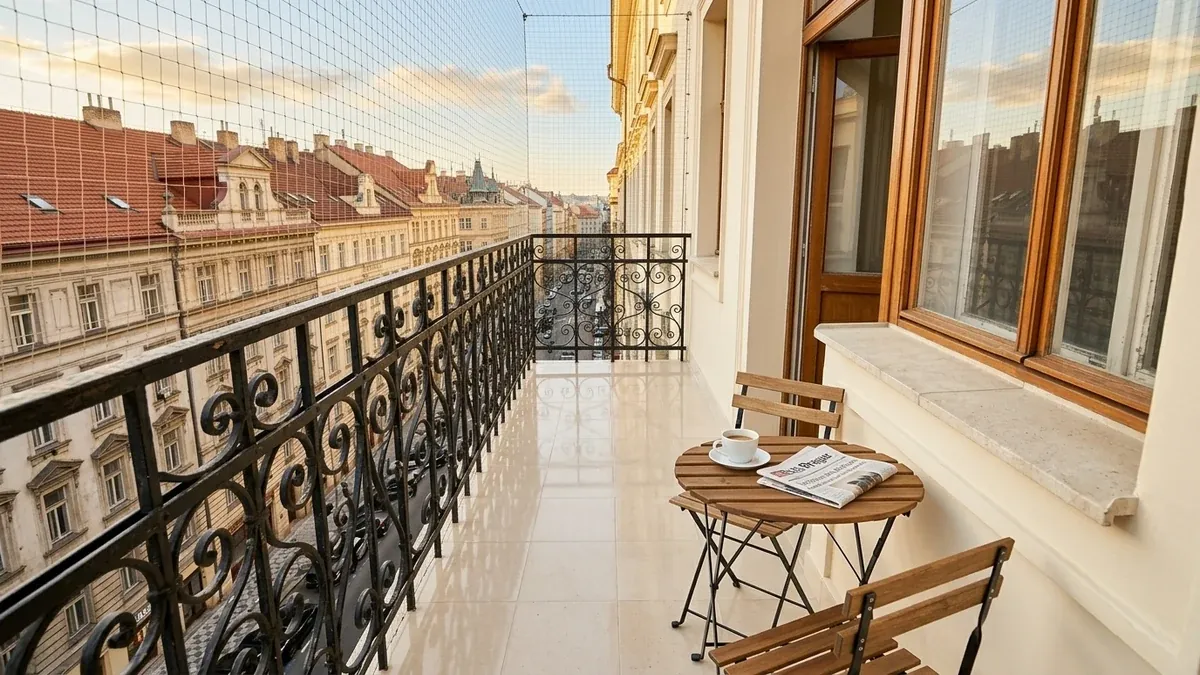 Čistý pražský balkon na Vinohradech po montáži neviditelné pískové sítě proti holubům