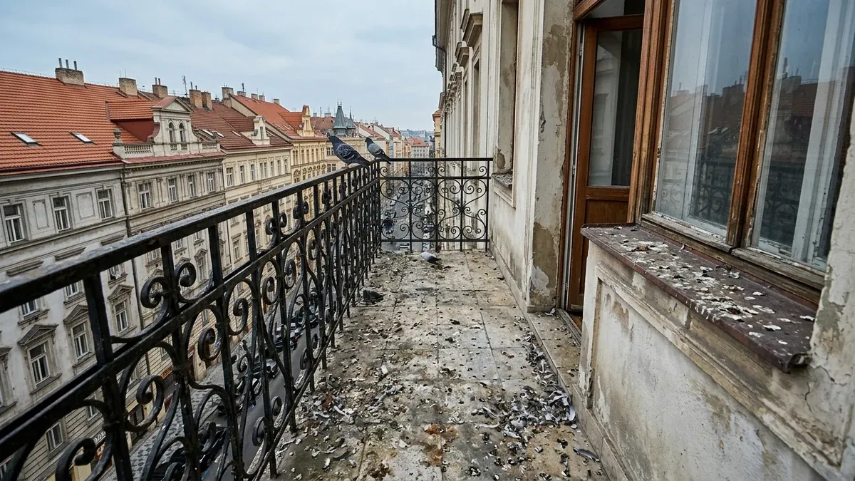 Znečištěný balkon v Praze před instalací sítě plný holubího trusu a holubů