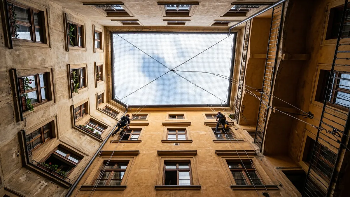 Horolezecké zastropení světlíku 48 m² z lana + sanace Chirox
